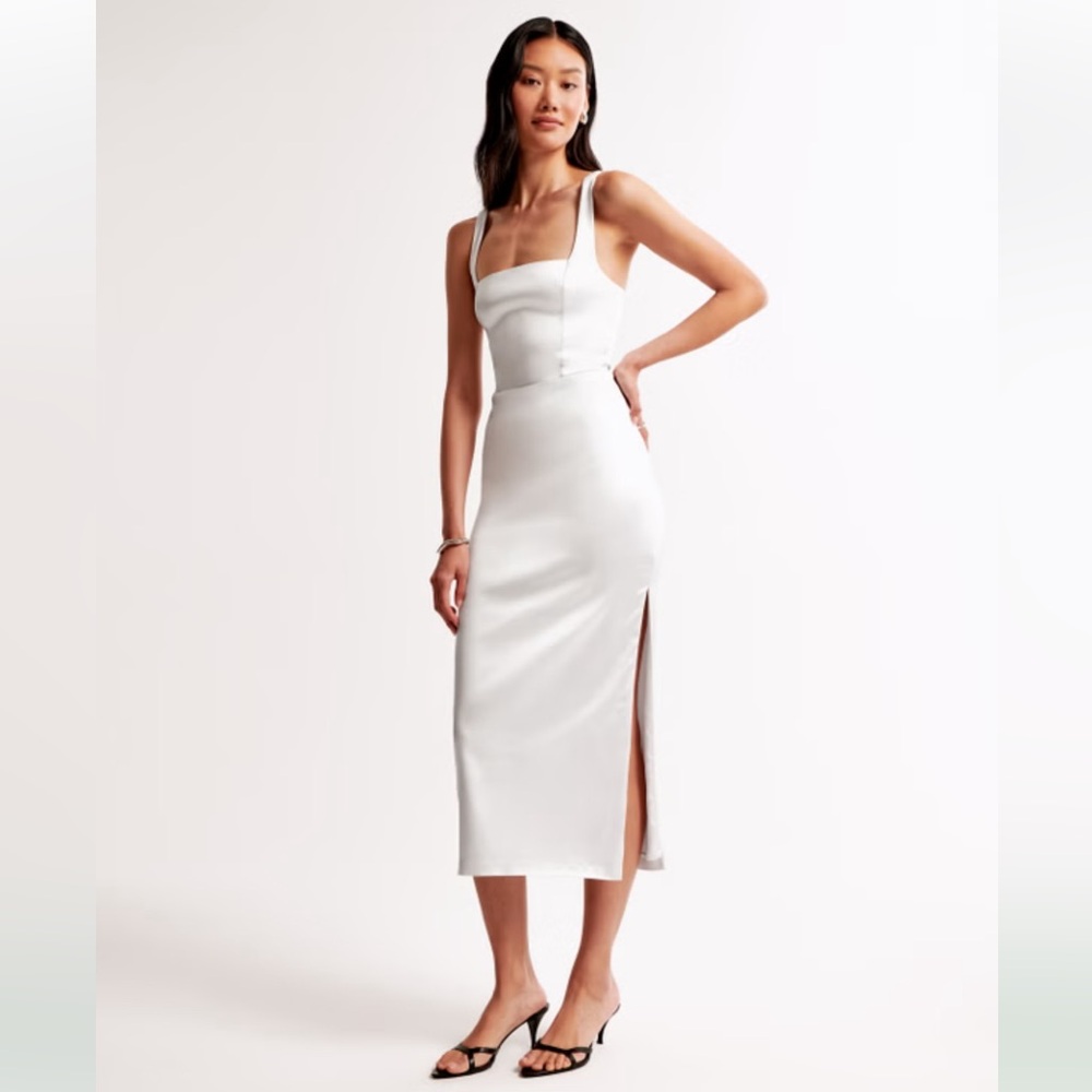 Abercrombie & Fitch sculpted stretch satin midi dress in pearl white wedding